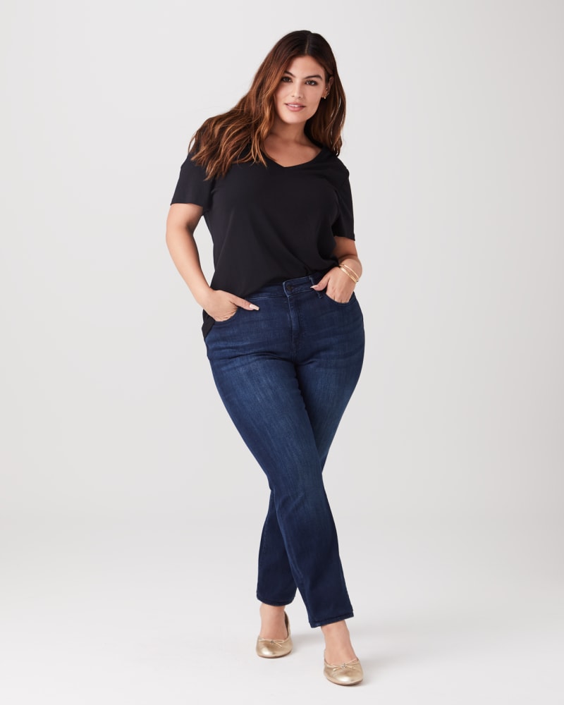 Plus size model with pear body shape wearing Dover Straight Leg Jean by Warp + Weft | Dia&Co | dia_product_style_image_id:136434